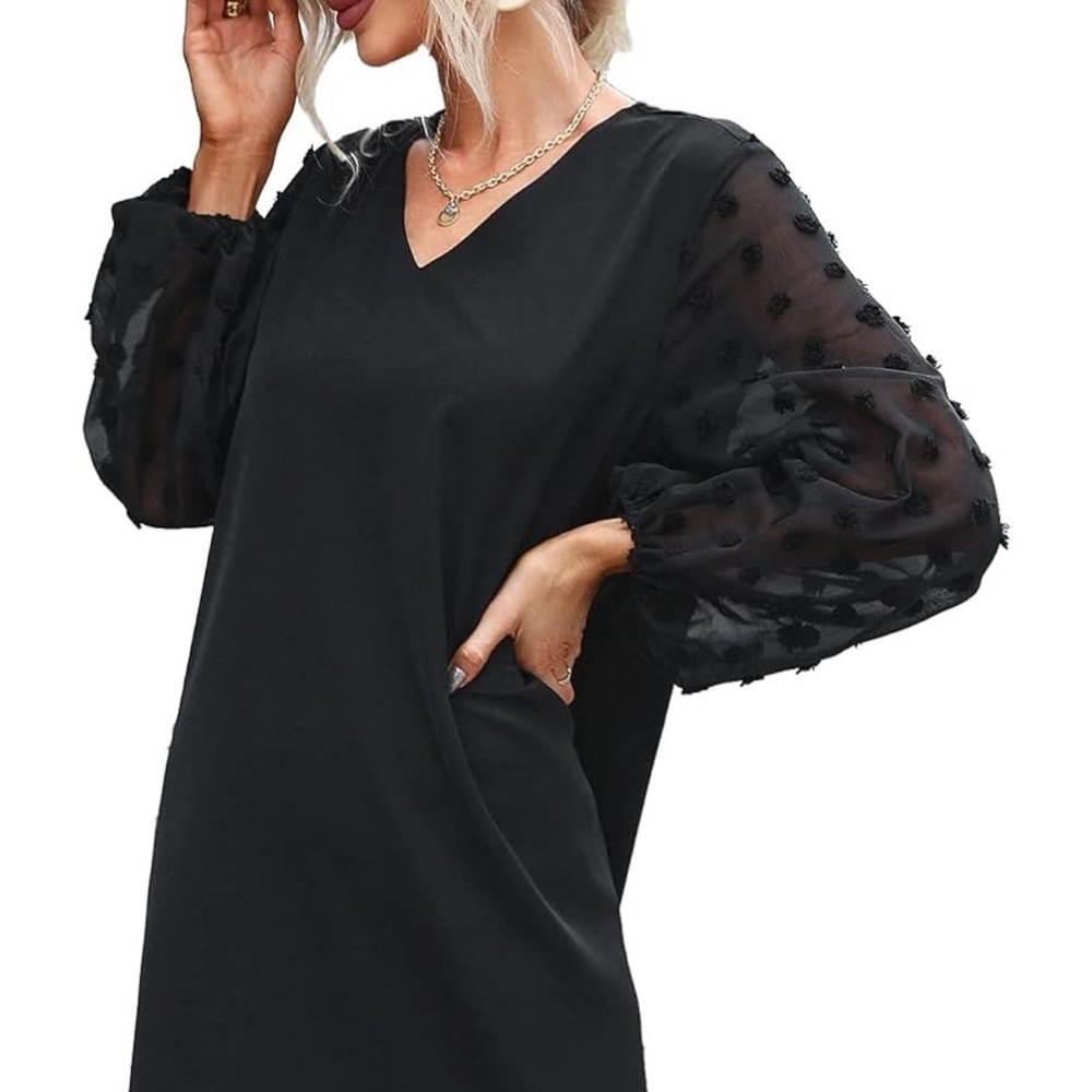 Black Mini V-neck Dress with Sheer Polka Dot Sleeves Size Small